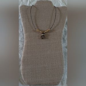 Handmade Gold Pearl & Teddy Bear Charm And Brown Leather Necklace